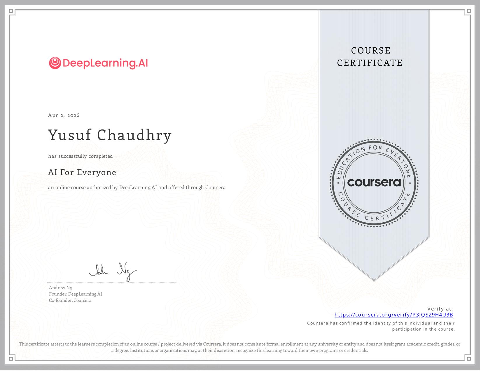 AI For Everyone Certificate